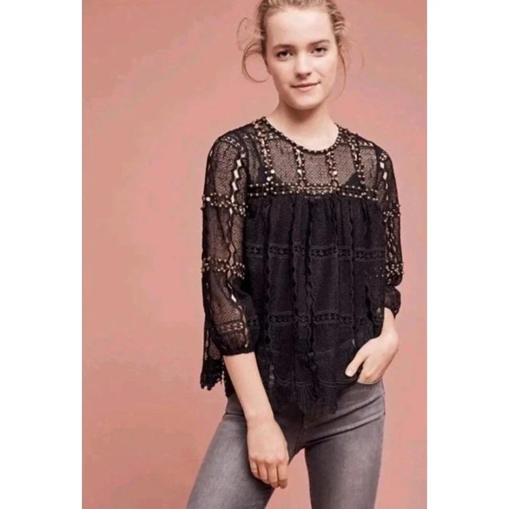 Anthropologie Maeve Top Size XS Auralis‎ Black Lace Eyelet Studded Beaded Sheer